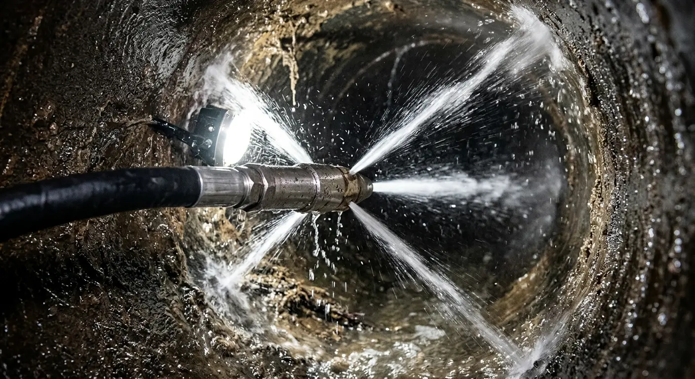 High-pressure hydro jetting nozzle cleaning sewer pipe for Sewer Cleanout in Spring Valley Lake