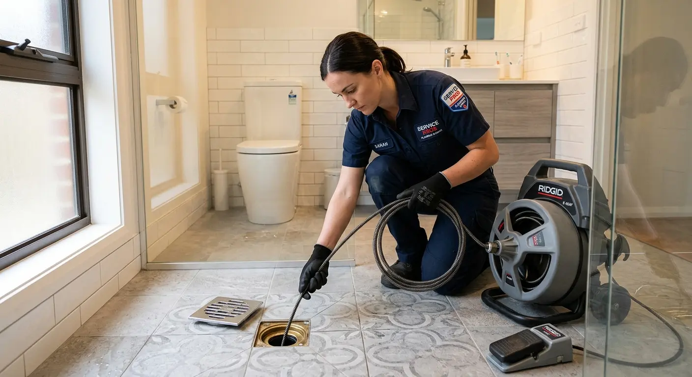 Technician clearing a bathroom floor drain for Clogged Drain Repair in Spring Valley Lake